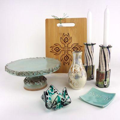 A few of the functional items available - cake stand, dipping dishes, candle holders, cutting boards and vases in a variety of styles.