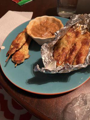 Chicken satay with my homemade peanut sauce since the sauce they gave me spilled inside the bag.