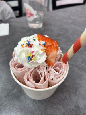 Strawberry rolled icecream, $7.50, I did not like the sprinkles or whipped cream so will pass on that next time.