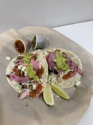 Carne Asada Tacos on Flour Tortillas with all the Toppings