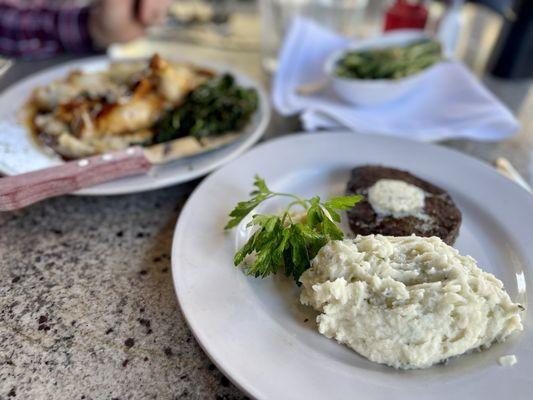 6 oz filet w/ garlic mashed potatoes and stuffed chicken breast w/ spinach, both delicious dishes