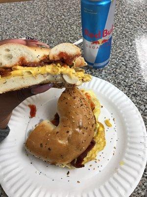 Bacon egg & cheese on everything with my sugar free Red Bull :) $7.10