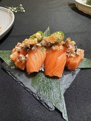 Salmon skin on top