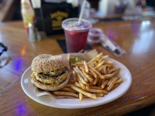 Bistro Burger with American cheese and carmelized onion - blueberry lemonade!