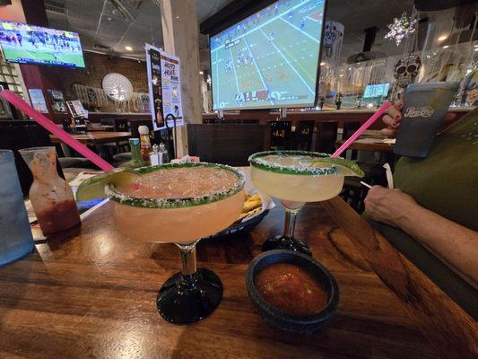 Watermelon margarita (left) and regular margarita (right)