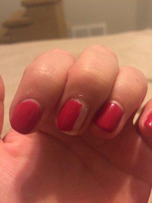 Gel polish chipped and peeled 5 days after manicure. Friendly staff, but not good considering the price you pay.