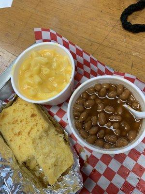 beans, mac n cheeese, corn bread