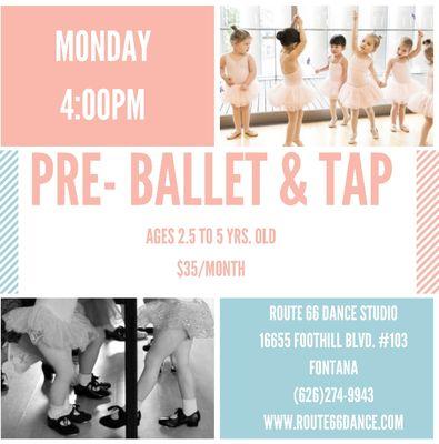 Flyer for the pre ballet and tap combo class for ages 2.5-5yrs old