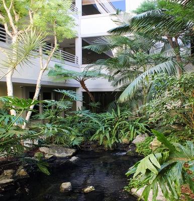 Waterfalls and koi ponds set a serene and private setting for this unique space located in West Los Angeles.