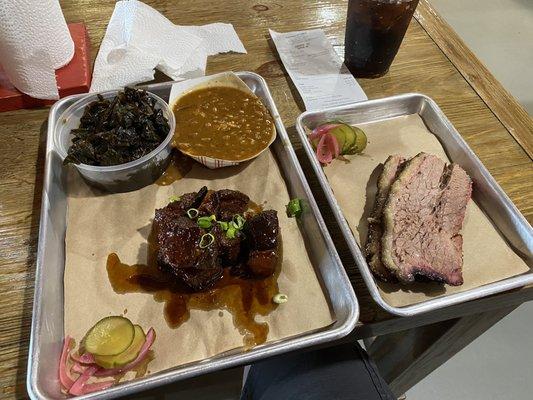 Burnt ends, brisket, bbq baked beans, and collard greens