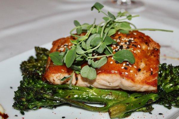 The Pan Seared Verlasso Salmon was made with teriyaki glaze, sesame pea shoots & yuzu aioli.