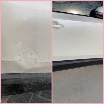 Left photo is the damage. Right photo is the repair.