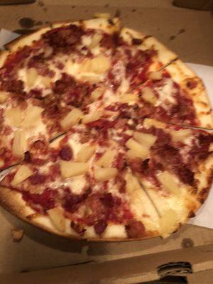 Gluten free Hawaiian pizza with bacon and pineapple