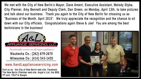 Selected as the City of New Berlin's Business of the Month, April 2015