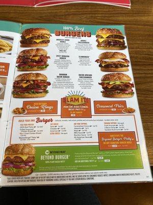 Burger page of the menu