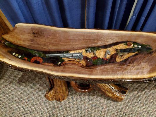 Custom walnut slab table with burl base