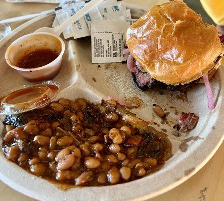 A little messy but the Brisket Sandwich is 5 Star Worthy and so are the Burnt Ends Baked Beans.