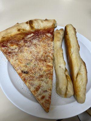 Delicious Cheese Sicilian Jumbo Pizza Slice and Pepperoni-Filled Breadsticks