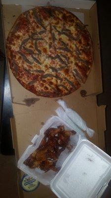 Anchovy pizza & Honey bbq wings