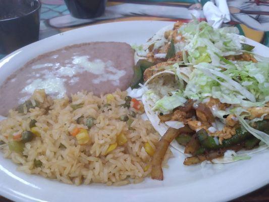 Chicken Fajita Tacos with beans & rice