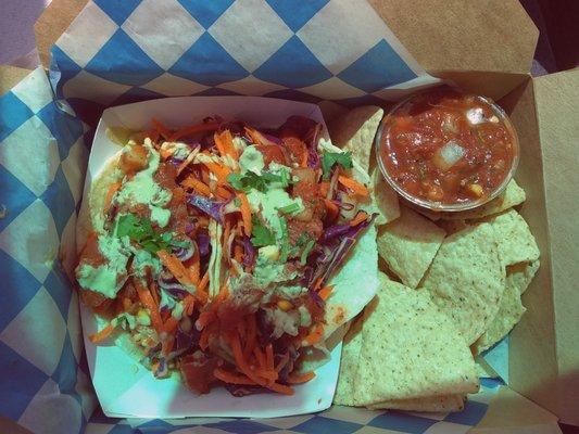 Tempeh Tacos (plus extra salsa) and tortilla chips.