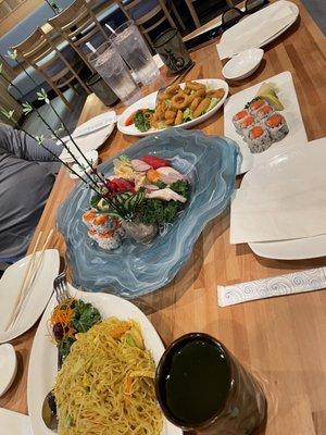 singapore noodles, sushi and sashimi, calamari