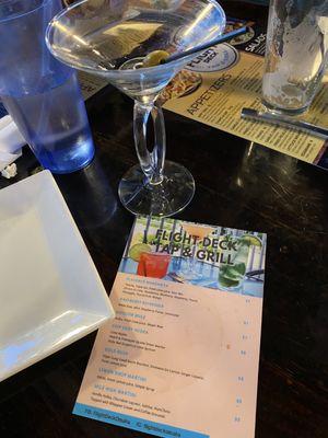 Dirty gin martini and drink menu