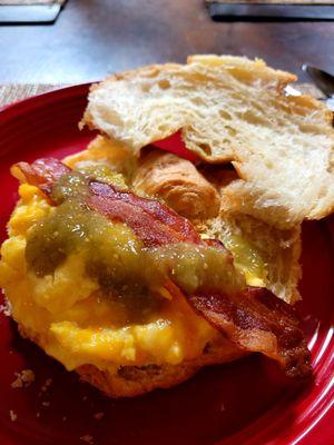 Delicious breakfast croissant (egg bacon and green chili) prepared by Lydia