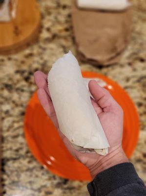 Size of a wrapped breakfast burrito.