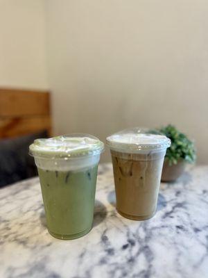 Iced Matcha Latte with Coconut Cold Foam and Iced Americano with Vanilla Cold Foam