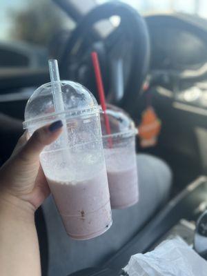 Strawberry banana smoothies, one with boba! So goood!  the sandwiches didn't stand a chance