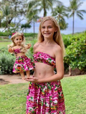 Keiki Pa'u Skirts hand-made for Child and Doll by Jan Kealani mauihulaschool.com
 Lahaina Private Hula Classes/Lei-Making