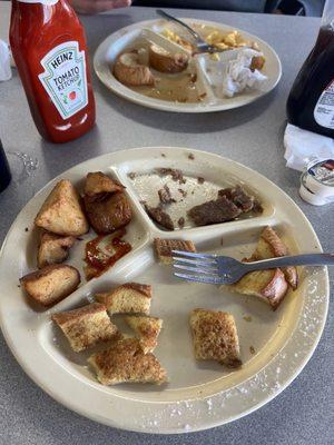 French toast, potatoes, sausage, bacon, eggs and more French toast!