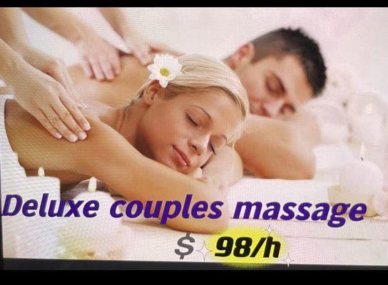 Deluxe double massage.  98/60 minutes, including hot stones, essential oils, hot herbal pads, pain relief cream, steam eye mask!