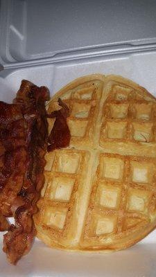 Belgium Waffle w bacon and Pecan Pancakes with sausage patties