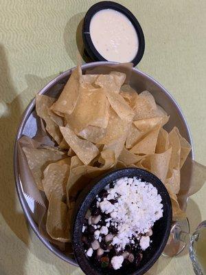 Wicked Good Chips & Salsa (black bean/corn/feta) and queso