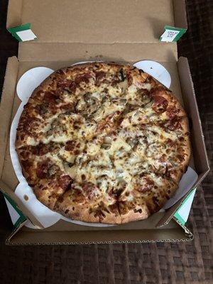 Cheese. Pepperoni, Mushrooms, and extra cheese