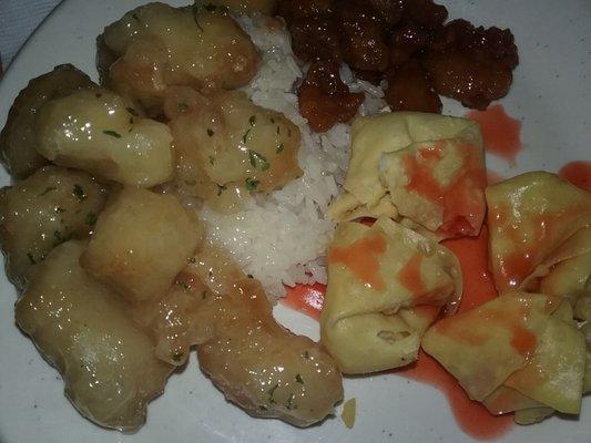 Coconut chicken, crispy honey chicken, crab rangoon