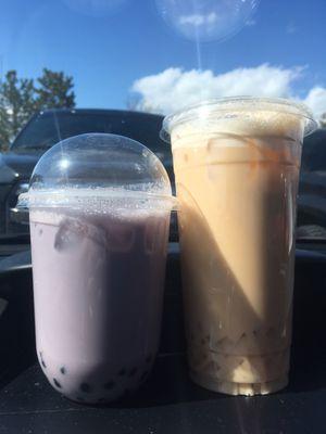 Taro Milk Tea with Boba and White peach milk tea with Lychee jelly