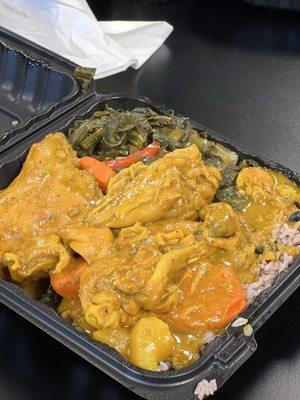 Curry chicken with Rice & Peas and Collards