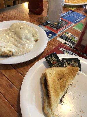 Breakfast sandwich and biscuits and gravy