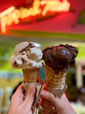 Gator Tracks (all sorts of peanut butter and chocolate goodness) in a sugar cone and Death by Chocolate in a waffle cone!