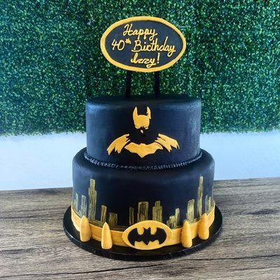 Custom Batman themed 2 tiered fondant cake, 40th birthday celebration