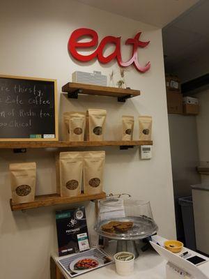 Coffee for sale in bags. And the most delicious gluten-free chocolate chip cookies!