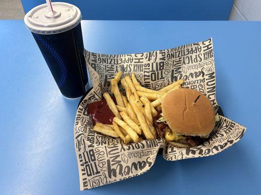 Cheeseburger, fries and drink combo.