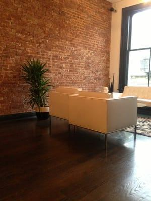 Seating, exposed red brick wall and faux plant.