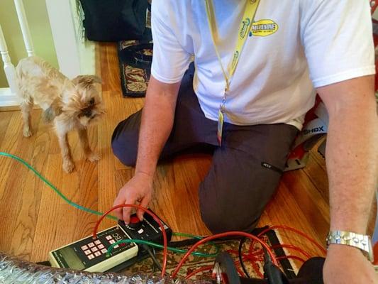 Milestone Electric HVAC Expert Robert giving his newest "furry friend" an education on Air Duct Performance