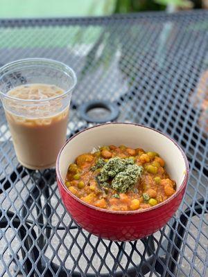 Vegan House Curry and iced latte