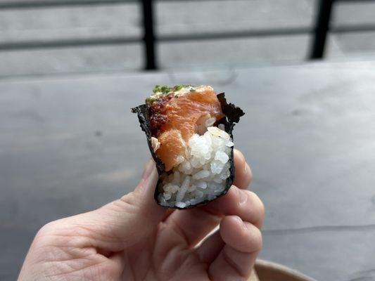 Seared Salmon Hand Roll (few chomps in)!