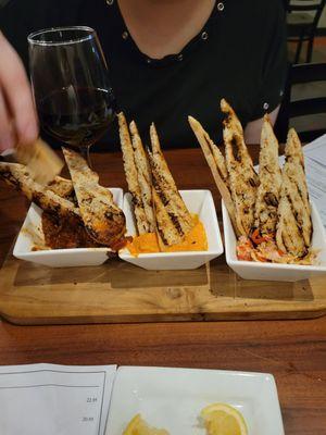 The dip trio, the artichoke dip good on right, the bolognese left good, the hummus in the middle bland